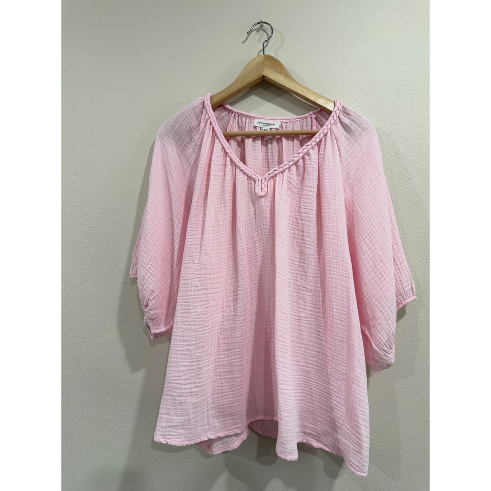 Beachlunchlounge Pink Double Gauze Cotton Braided V-Neck Blouse XL